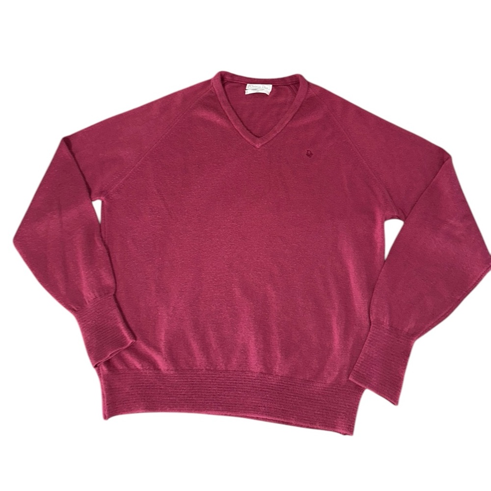 Vintage Christian Dior Sweater XL Burgandy V-Neck 100% Orlon Acrylic